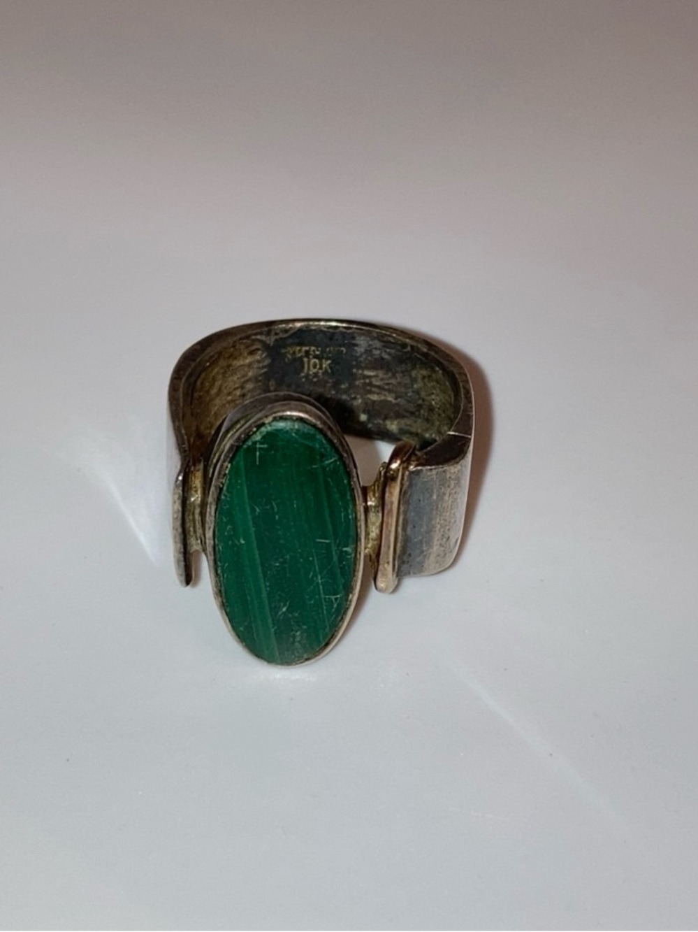 10K gold, sterling silver, malachite oval stone unique, solid, vintage ring